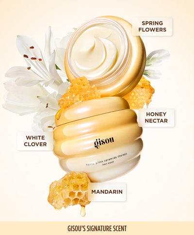 Gisou Honey Gloss Ceramide Therapy Hair Mask jar with lilies and honeycomb, listing scent notes: spring flowers, white clover, honey nectar, and mandarin.