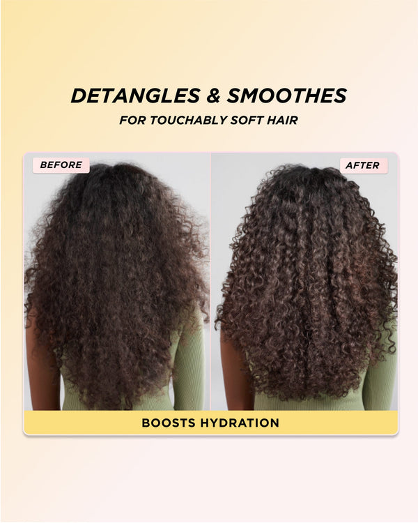 Infographic showing images of curly hair before and after using Hair Conditioner Mini