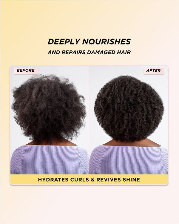 Infographic showing images of curly hair before and after using Honey Infused Hair Mask