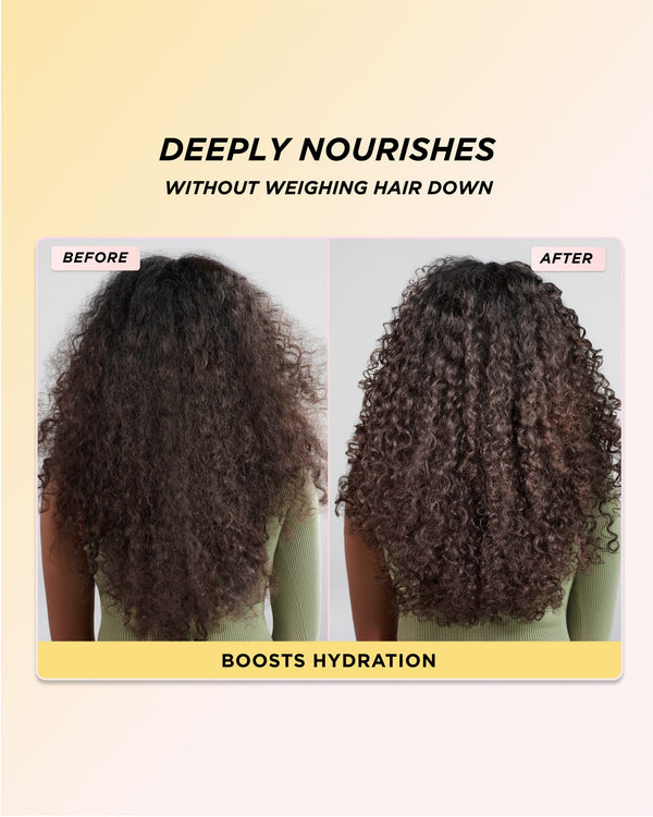 Infographic showing the images of curly hair before and after using Honey Infused Hair Wash