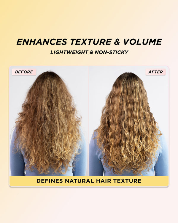 An infographic showing images of hair before and after using Propolis Infused Texturing Wave Spray