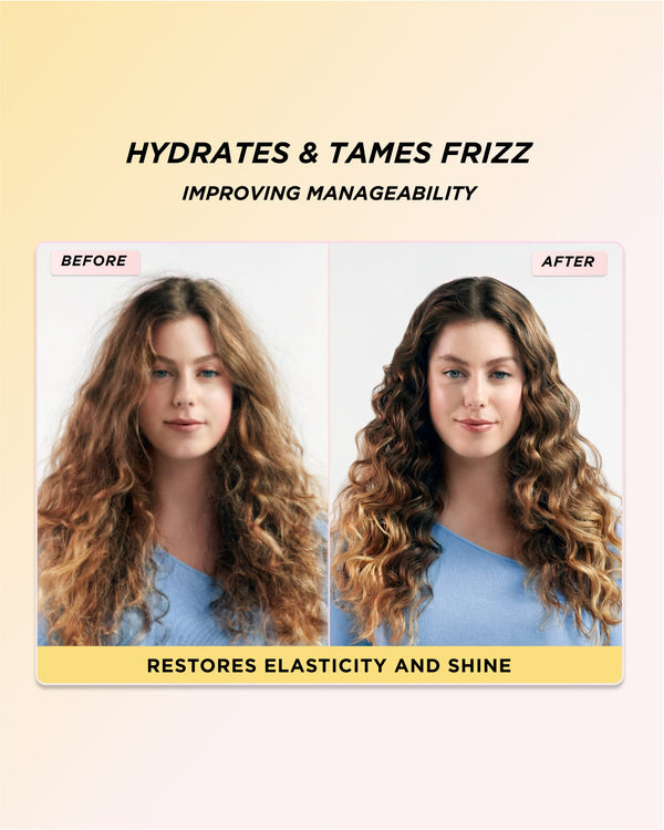 Infographic showing images of wavy hair before and after using Honey Infused Hair Mask