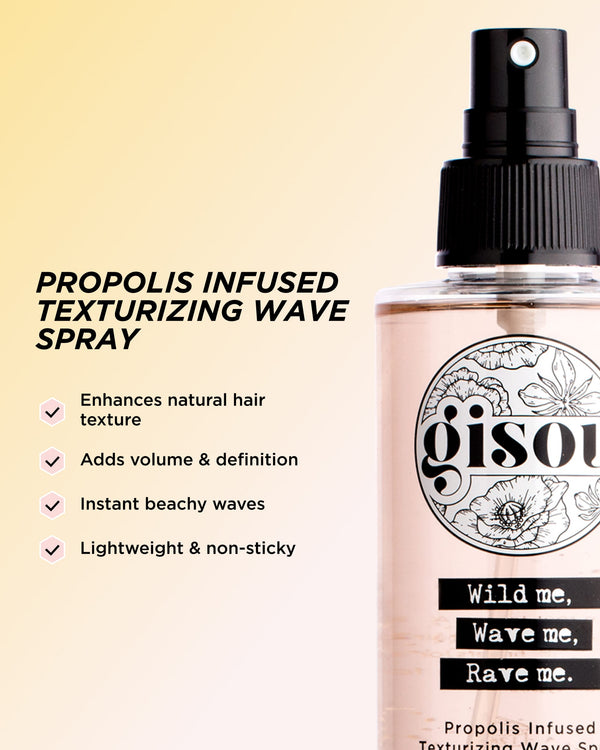 An infographic showing key benefits of Propolis Infused Texturing Wave Spray