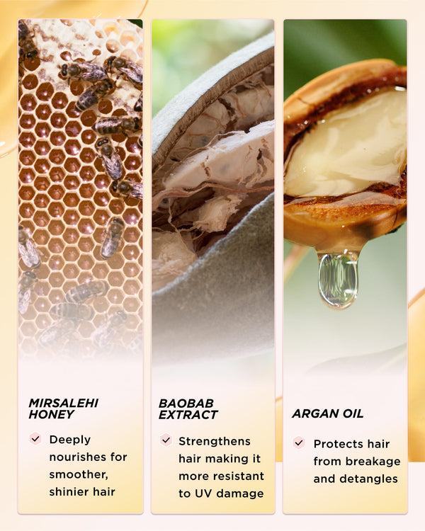Infographic showing key ingredients of Honey Infused Leave-in Conditioner